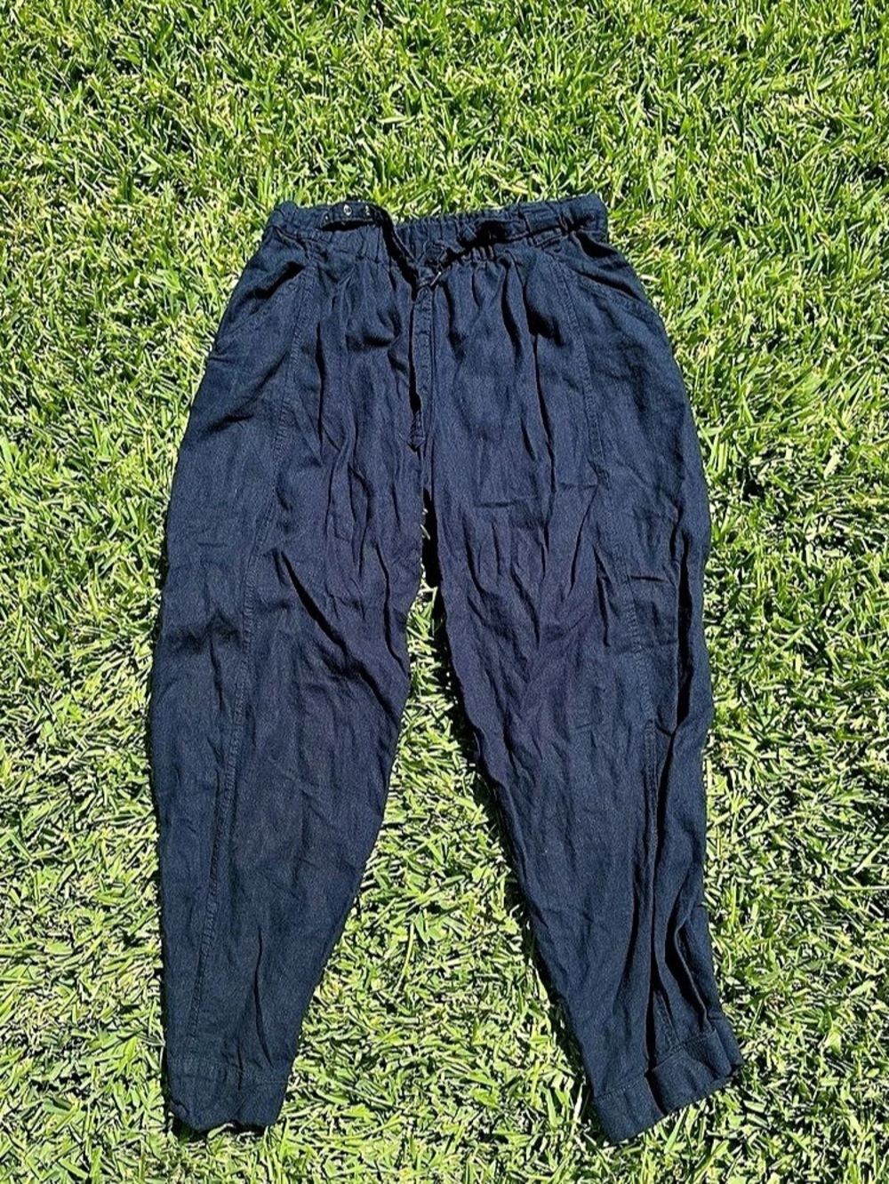 Max Studio Size Medium Navy Blue Linen-Blend Casual Belt Lantern Pants
